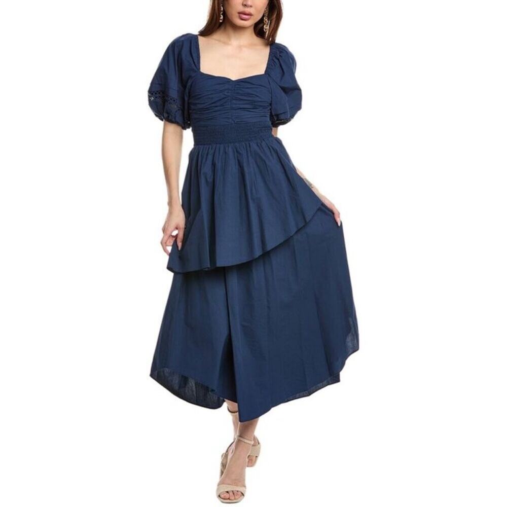 Ramy Brook Persephone‎ Navy Blue 100% Cotton Puff Sleeve Tiered Midi Dress XL